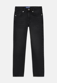 Jean en denim noir avec une coupe droite, disposant de cinq poches, de quincaillerie argentée et d'une texture subtile et lisse.