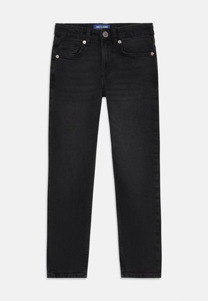 Black denim jeans with a straight leg fit, featuring five pockets, silver hardware, and a subtle, smooth texture.