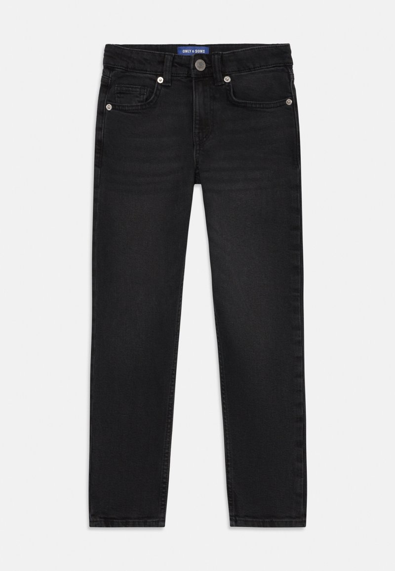 Jean en denim noir avec une coupe droite, disposant de cinq poches, de quincaillerie argentée et d'une texture subtile et lisse.