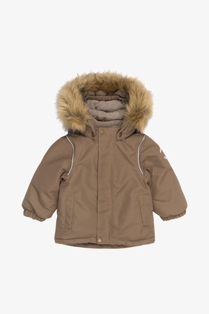 Ruda izoliuota parka su nuimamu dirbtinio kailio gobtuvu, su priekinėmis kišenėmis, elastiniais rankogaliais ir užtrauktuku su mygtuko uždarymu.