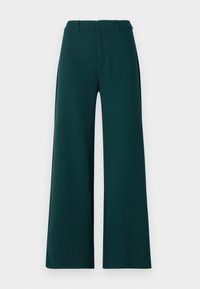 Teal wide-leg trousers featuring a smooth texture, flat front, belt loops, and no visible patterns or hardware details.