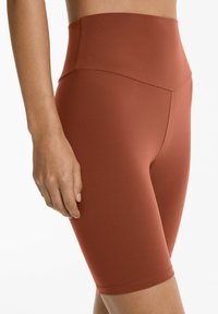Högmidjade shorts i rostorange tyg med en slät struktur, som har en figurnära silhuett och minimala sömdetaljer.