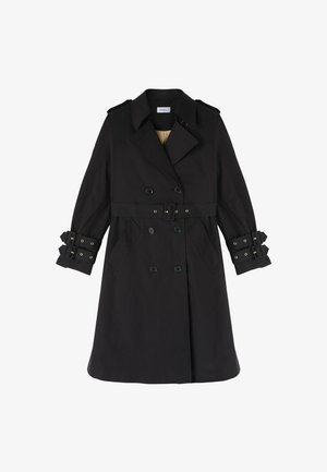 Sort trenchcoat med dobbeltknaplukning, bæltet talje, skulderepaulettes og spænde detaljer på ærmerne. Glat stof.
