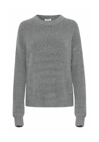 Maglione grigio a maglia con texture a coste, maniche lunghe e scollatura a girocollo. Presenta una vestibilità rilassata e una silhouette leggermente cropped.