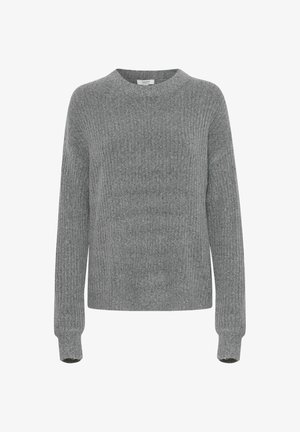 Szürke kötött pulóver bordázott textúrával, hosszú ujjakkal és kerek nyakkivágással. Lazán illeszkedő és enyhén cropped sziluettel rendelkezik.