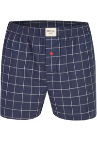 Námořnické modré karetní boxerky s bílou mřížkou, elastickým pasem, předním zapínáním na knoflík a malým červeným zdobným knoflíkem.
