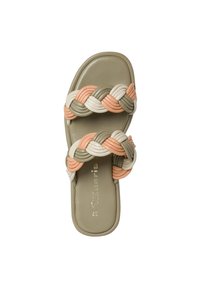 Sandal sa pletenim trakama u narančastoj, krem i maslinastoj boji na glatkoj kaki podlozi s zlatnim logotipom.