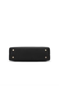 Black leather bag with textured surface, rectangular shape, and gold-tone metal feet on the bottom. Minimalistic design with no visible hardware.