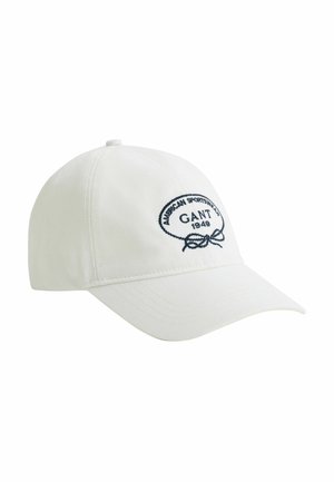 Witte honkbalpet met zwart geborduurd "GANT 1949"-logo en decoratief touwontwerp op het voorpaneel.