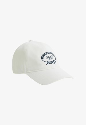 Witte honkbalpet met zwart geborduurd "GANT 1949"-logo en decoratief touwontwerp op het voorpaneel.