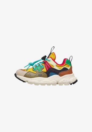 Kolorowy sneaker z panelami w kolorach żółtym, zielonym, czerwonym, niebieskim i beżowym, turkusowymi sznurowadłami ze stoperem oraz grubą białą teksturowaną podeszwą.