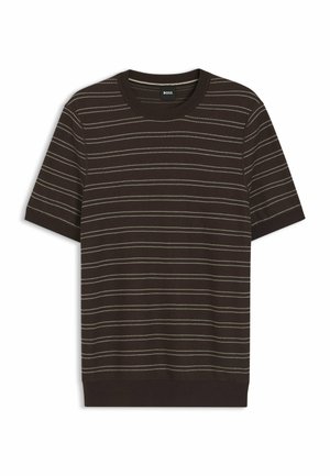 Tummanruskea lyhythihainen neulepaita, jossa ohuet vaaleanbeiget vaakaraitarit, resorineulos pyöreässä pääntiessä, hihansuissa ja helmassa, kauluksessa BOSS-merkitty sisäpuolella.