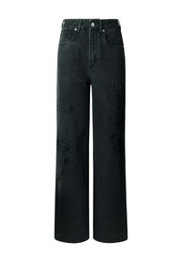 Pantalon large en denim noir taille haute avec une subtile broderie florale noire sur les jambes avant, doté de poches frontales et d'une fermeture à bouton.