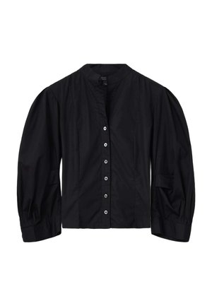 Schwarze Bluse mit Puffärmeln aus leichtem Stoff, mit hohem Ausschnitt und sechs silbernen Knöpfen vorne. Taillierte Passform mit Seitentaschen.