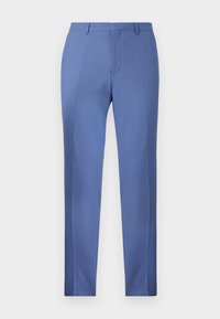 Maßgeschneiderte Hosen aus hellblauem Stoff, mit glatter Textur, geradem Schnitt und Bügelfalte. Keine sichtbaren Muster oder Akzente.