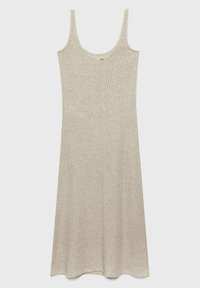 Robe côtelée, longueur genoux en beige clair, avec de larges bretelles et un col rond. Texture lisse et ourlet évasé.