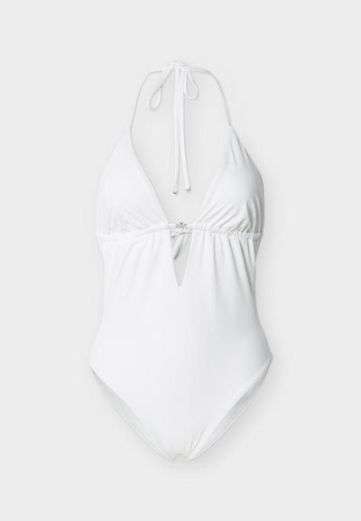 Λευκό ολόσωμο μαγιό με τιράντα halter, βαθύ V ντεκολτέ και ρυθμιζόμενους δεσίματα στον λαιμό και την πλάτη.