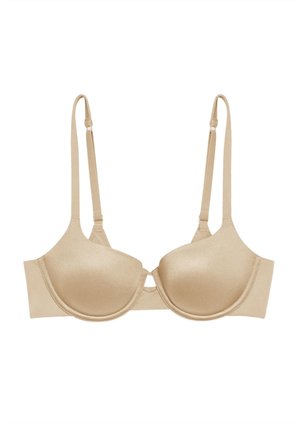 Seno beige con coppe imbottite, spalline regolabili e chiusura posteriore con gancetto. Texture liscia con una leggera lucentezza.