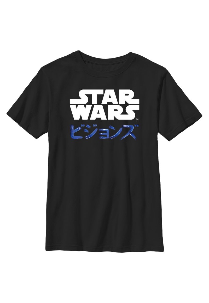 Černé bavlněné tričko s velkým bílým nápisem "STAR WARS" nad modrými japonskými znaky, navržené s kulatým výstřihem a krátkými rukávy.