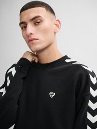 Jeune homme aux cheveux courts portant un sweat-shirt noir avec des bandes blanches en chevron sur les manches et un petit logo d'abeille sur la poitrine.