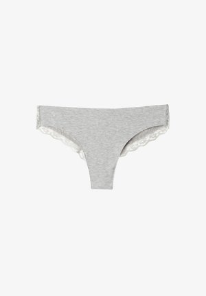 Gray cotton thong with lace trim along the edges, featuring a smooth texture and seamless design. Simple and understated style.