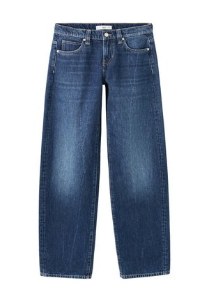 Niebieskie dżinsy z denimu o prostych nogawkach, z przodem na guziki i zamek błyskawiczny, w stylu z pięcioma kieszeniami i jasnymi, wyblakłymi miejscami na udach.