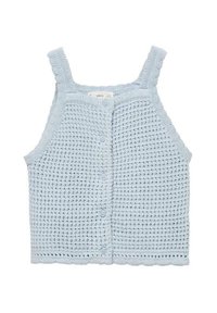Svetlo modra pletena kratka majica z teksturirano vzorcem, nastavljivimi naramnicami, gumbom za zapiranje in obrobljenim robom.