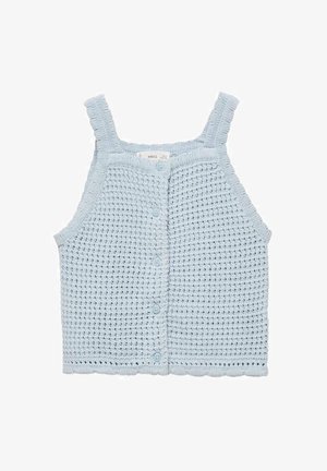 Svetlo modrý pletený crop top s textúrovaným vzorom, nastaviteľnými ramienkami, zapínaním na gombíky a vlnitým lemom.