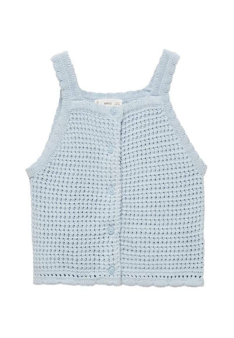 Svetlo modra pletena kratka majica z teksturirano vzorcem, nastavljivimi naramnicami, gumbom za zapiranje in obrobljenim robom.