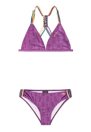 Paarse bikini met patroon en een driehoekstop met meerkleurige gevlochten bandjes en bijpassende low-rise broekjes met zijbanddetails.