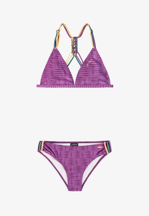 Paarse bikini met patroon en een driehoekstop met meerkleurige gevlochten bandjes en bijpassende low-rise broekjes met zijbanddetails.