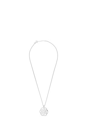 Silver necklace featuring a geometric flower pendant, with a thin chain and a lobster clasp, highlighting intricate cut-out designs.