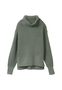 Zielony sweter z golfem, prążkowany, z długimi rękawami, o teksturowanym wzorze i krótkim kroju. Szczegóły obejmują splot warkoczowy na dole.