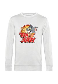 Bílá mikina s potiskem grafiky Toma a Jerryho. Design zahrnuje barevné kreslené postavičky a výrazný nápis "TOM a JERRY."