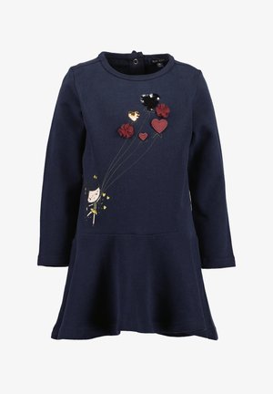 Navy katoenen jurk met lange mouwen, uitlopende zoom, voorzien van bloemenborduurwerk en een figuur die ballonnen vasthoudt, verfraaid met pailletten en stoffen harten.