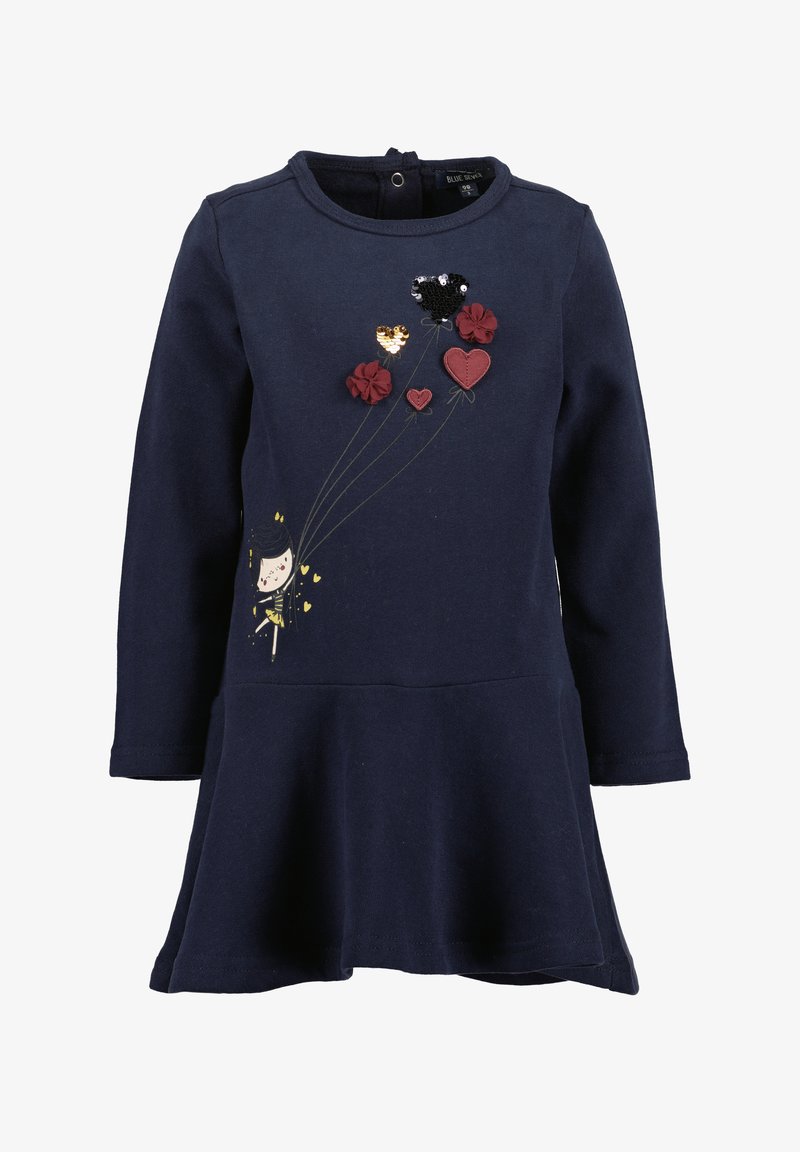 Marinefarbendes Baumwollkleid mit langen Ärmeln und ausgestelltem Saum, verziert mit floraler Stickerei und einer Figur, die Luftballons hält, ergänzt durch Pailletten und Stoffherzen.