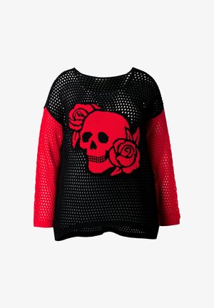 Jersey de malla negro y rojo con un gráfico de calavera roja y rosas, con mangas largas rojas y un diseño suelto y de tejido abierto.
