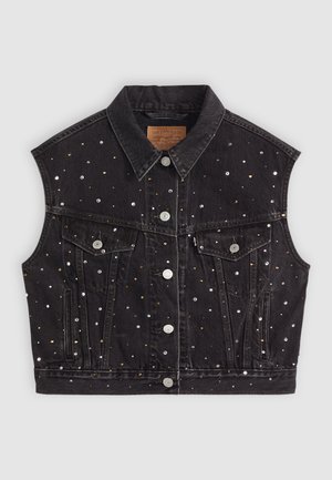 Gilet en denim noir avec col, orné de clous métalliques et de paillettes de différentes couleurs. Comprend deux poches avant et des accents en métal argenté.