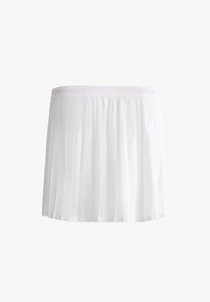 Jupe plissée blanche en tissu léger avec une taille lisse, présentant des plis verticaux sur toute sa surface et une texture douce.