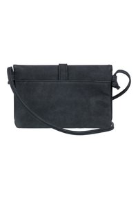 Černá kožená crossbody kabelka s texturovaným povrchem, obdélníkovým tvarem a štíhlým popruhem. Disponuje minimalistickým designem a přední klopou.