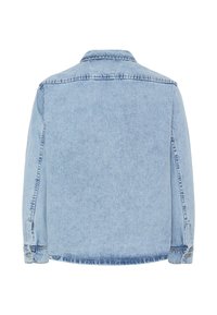 Veste en denim bleu clair vue de dos avec manches longues, poignets boutonnés et un ourlet droit.