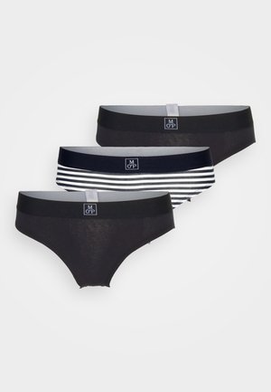 Three pairs of women's underwear: two solid black with elastic waistbands and one black and white striped. Fabric is soft and stretchy.