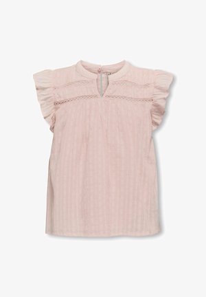 Lys pink, kortærmet bluse med flæser på ærmerne, broderi detaljer og knaplukning bagpå. Har en vertikal stribet tekstur.