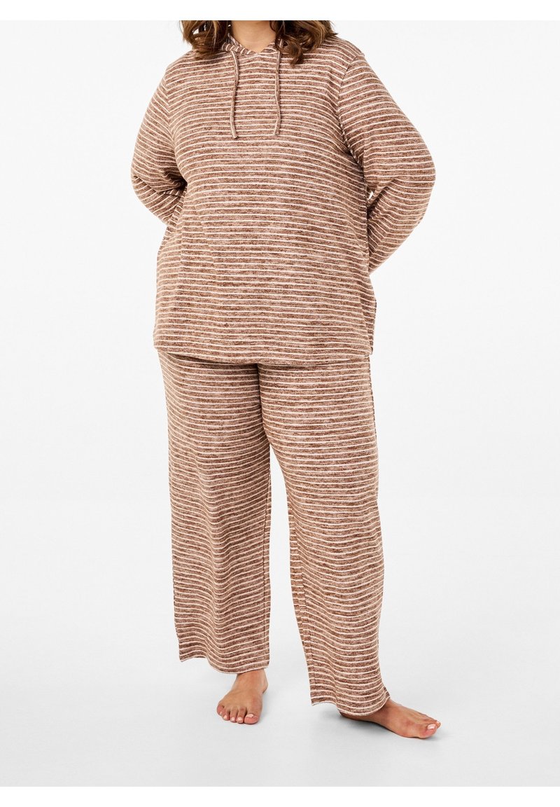 Brun- och krämrandig loungewear-set bestående av en huva-tröja och vida byxor. Mjuk tyg med en avslappnad passform och långa ärmar.