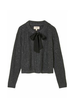 Dunkelgraue Strickjacke mit glitzernden Partikeln und einer großen schwarzen Schleife am runden Ausschnitt, langen Ärmeln und gerippten Bündchen.