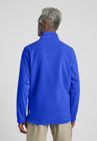 Blauwe fleece pullover met een hoge kraag, lange mouwen en zijnaadaccenten. Glad textuur met een eenvoudig ontwerp, geschikt voor gelaagd dragen.