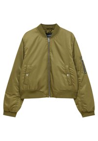 Olive green bomber jacket with front zipper, two snap-button pockets, ribbed cuffs and hem, and a zip pocket on the left sleeve.