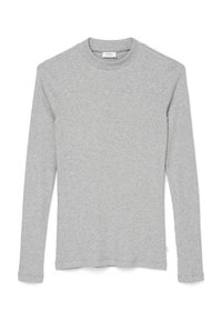 Graues langärmliges Rippshirt aus weicher Stoffqualität, mit Rundhalsausschnitt und eng geschnittenem Design, ohne sichtbare Muster oder Akzente.