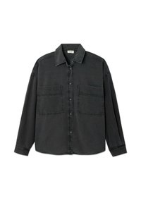 Dunkelgraues Jeanshemd, lange Ärmel, Knopfverschluss, zwei Vordertaschen, sichtbare Steppnähte und ein strukturierter Kragen.