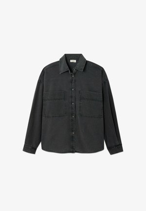 Dark gray denim shirt, long sleeves, button closure, two front pockets, visible stitching details, and a structured collar.